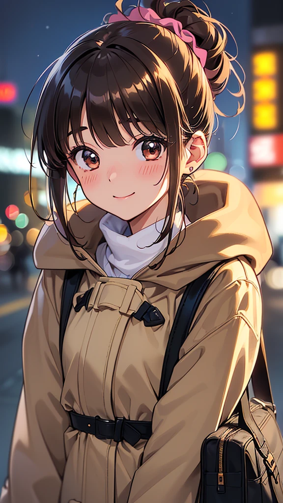 (Woman close up)、((Depiction of the upper body))、((20-year-old female))、((Smile))、((Hair tied back、Scrunchie、Brown Hair))、((Blushing))、((Open your mouth a little、High resolution、32K))、((Cute Duffle Coat))、((Late Night City、neon))