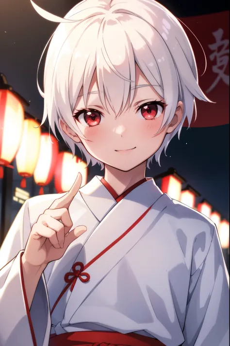 one boy, white short hair,ahoge,bright smile,red eyes,white miniskirt kimono,with an upturned gaze,summer festival,blushing,
loo...