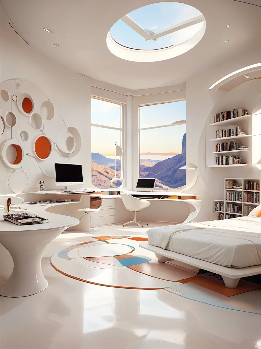 The bedroom-study concept for the future home incorporates organic fluidity、Circles and geometric shapes，and use artistic imagination to render houses and landscapes, Pure white technology style，Spacious interior space, Style Wabi.