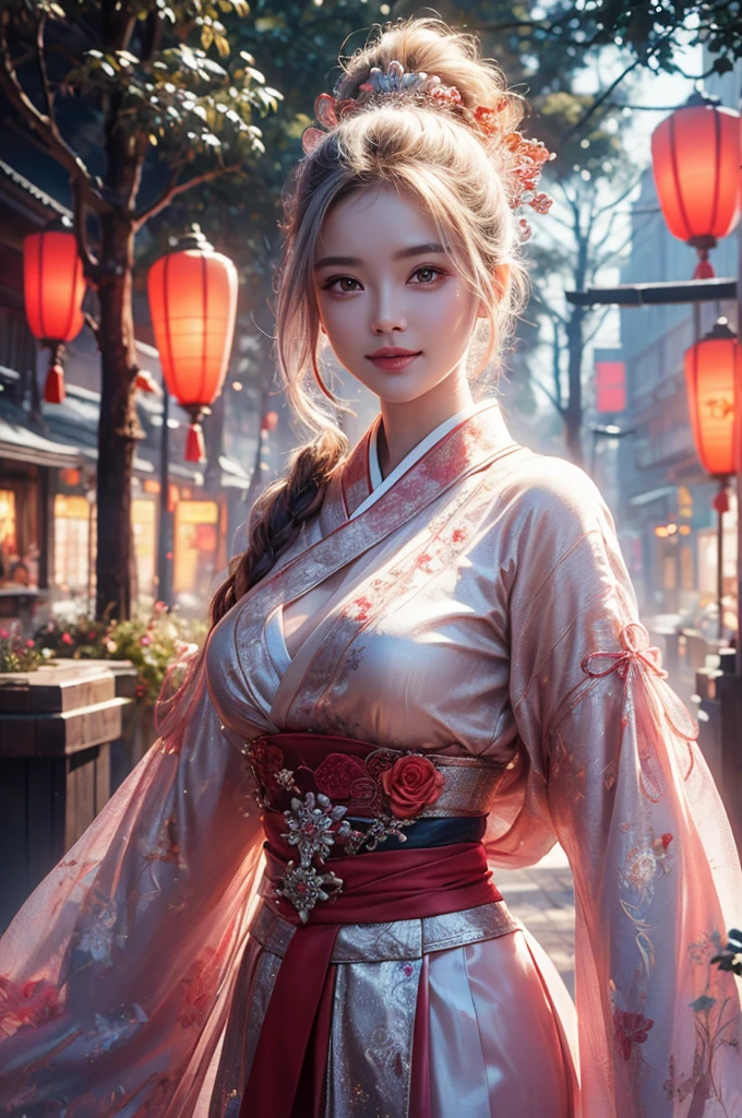 highest quality、8k Masterpiece、ultraA high resolution、(Photorealistic:1.3)、RAW Photos、1 girl、Silvery white hair、Glowing Skin、((Ultra-Realistic Details))、Portrait、Global Illumination、Shadow、Octane Rendering、8k、Super sharp、Metal、warm colors、Very intricate details、Realistic Light、CGSoation Trend、Beautiful and shining eyes、Beautiful breasts、To the camera、Neon Details、Landscapes of unimaginable beauty、１００Light of red lanterns、Swirl、samurai girl in the center、female、sexy。Healthy Body、Japanese、A beauty that everyone falls in love with、smile