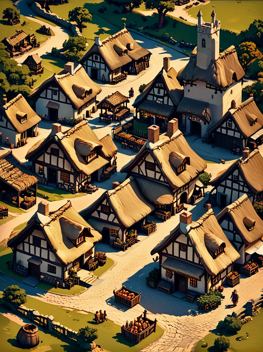 Изометрическое цифровое игровое искусство средневековой деревни с соломенными крышами, рыночная площадь, и горожане
