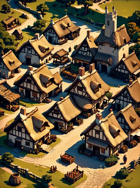 Isometric digital game art of a medieval village with thatched roofs, a market square, and townsfolk
