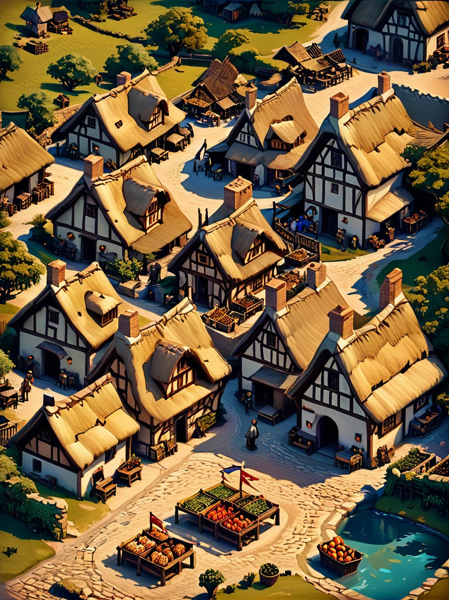 Jeu numérique isométrique d’un village médiéval aux toits de chaume, une place de marché, et les citadins
