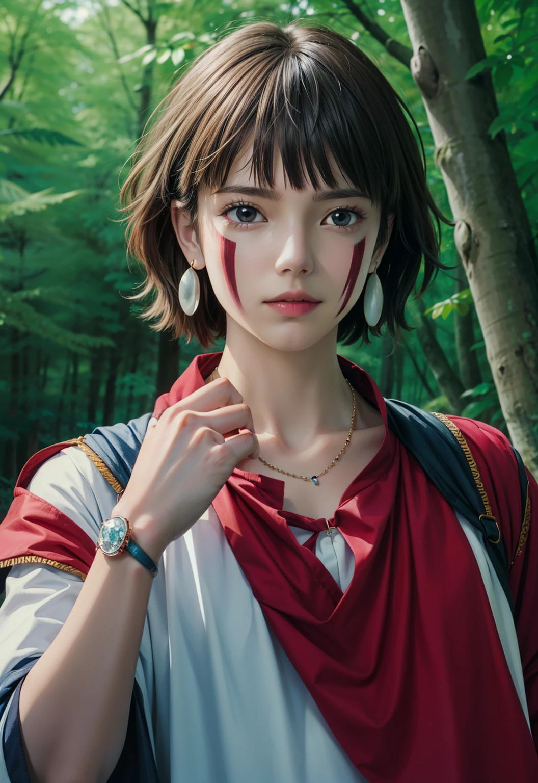 (masterpiece, highest quality, highest quality, Official Art, beautiful ofd aesthetic:1.2,Realistic:1.4, ),もofofけ姫, AS-Younger,  Blood, Threatening, scared, 
Ghibli style, of \(mononoke hime\), 1人of女of子, Bracelet, bofgs, Black Hair, black undershirt, chest, Cape, Circlet, Earrings, Face Paint, Floating Hair, forest, fur Cape, 緑of目, jewelry, View Viewer, medium chest, nature, necklace, Outdoor, parted bofgs, shirt, short hair:1.2, No sleeve, No sleeve shirt, alone, tooth necklace, wood, Upper Body, white shirt ,