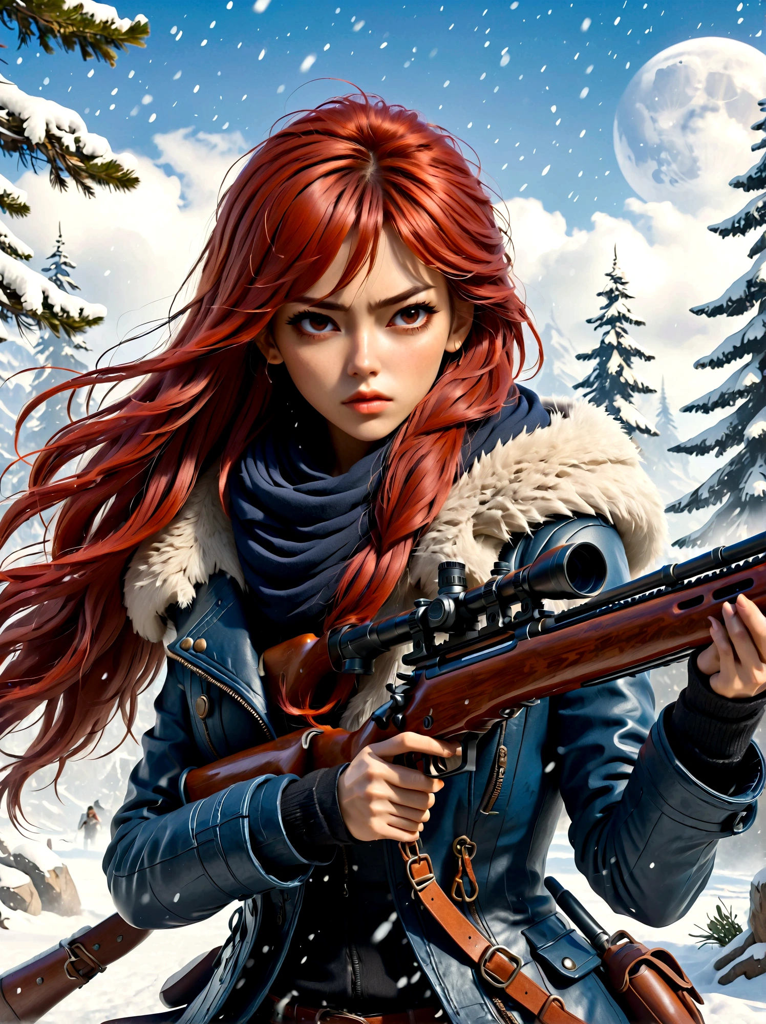 فتاة تحمل بندقية, (نظرة بالاشمئزاز:1.5), وضعية قتال الثلج, شرق, النصل والروح, نمط الحبر, شعر احمر طويل, معاطف جلدية وفراء, بارد, عمل فني, 3D, 4K, مفصلة, عملي