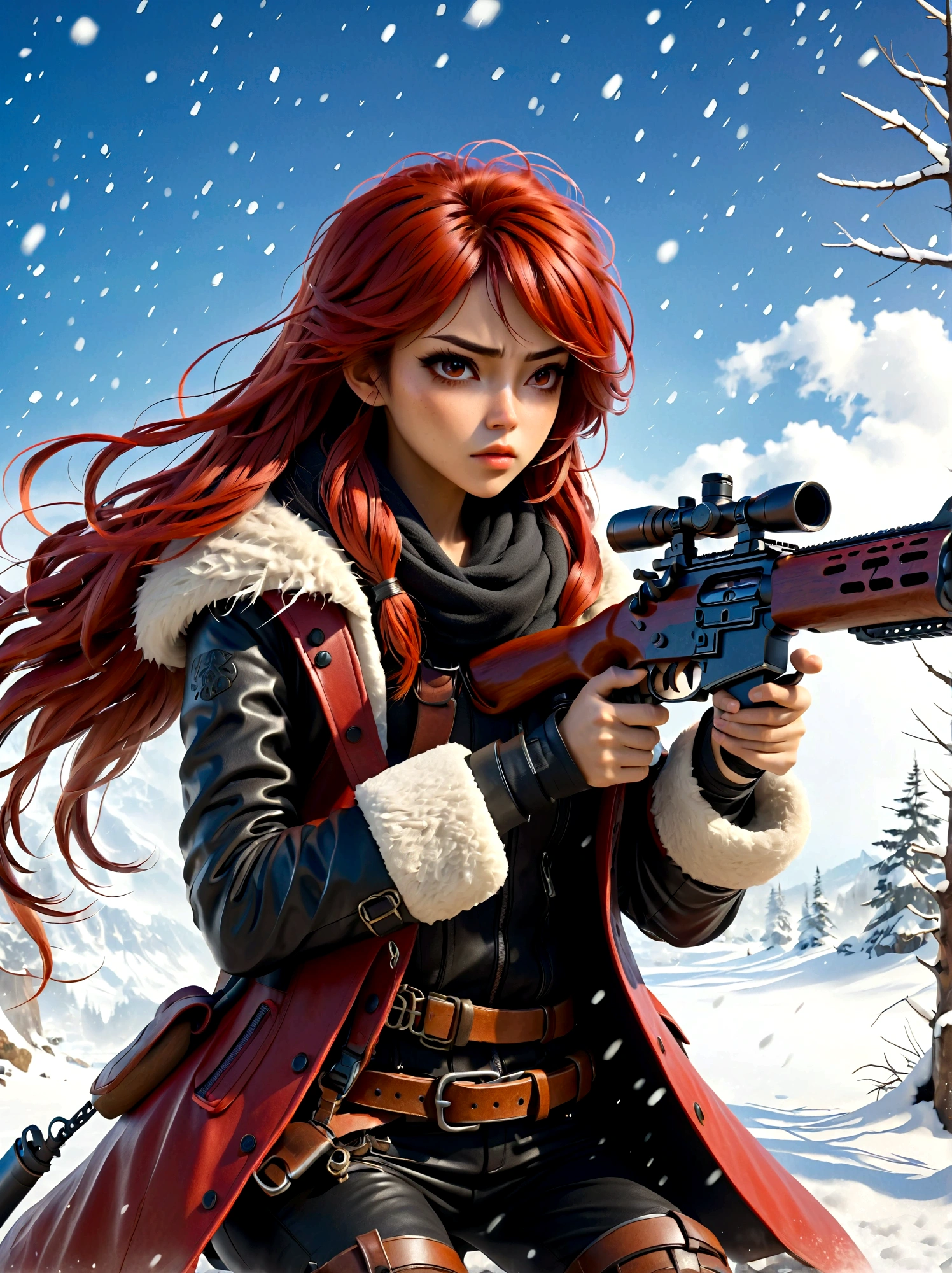 ライフルを持った少女, (嫌悪感の表情:1.5), 雪合戦のポーズ, 東, ブレイドアンドソウル, インクスタイル, 長い赤い髪, 革と毛皮のコート, 寒い, アートワーク, 3D, 4K, 詳細, 実用的