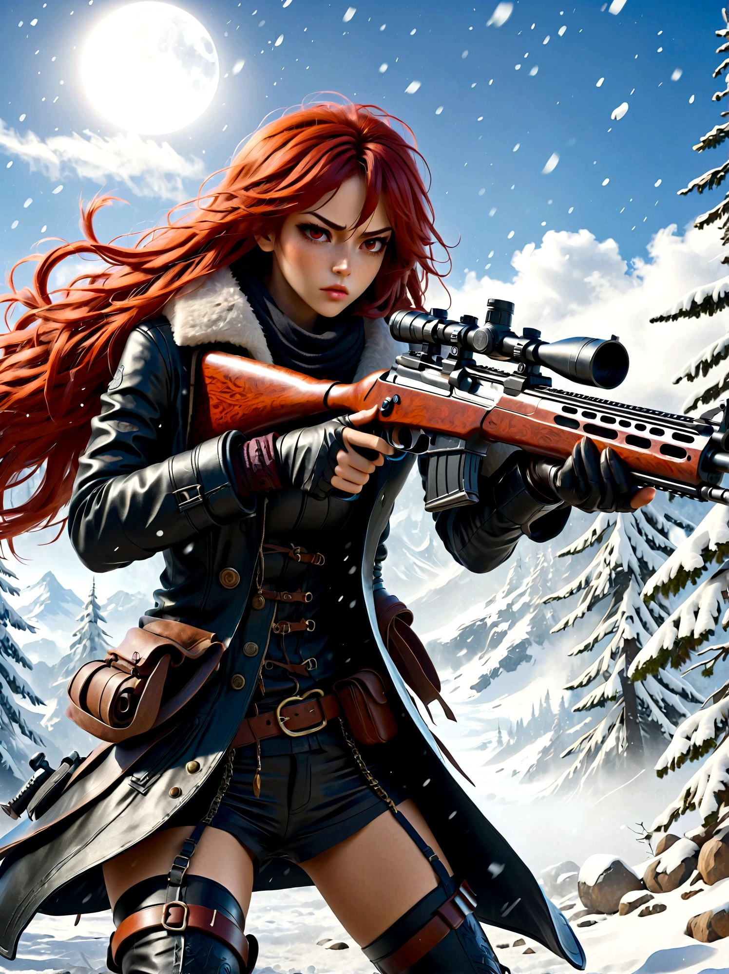 Chica sosteniendo un rifle, (mirada disgustada:1.5), Postura de lucha contra la nieve, este, Cuchilla y el alma, estilo de tinta, pelo largo de color rojo, Abrigos de cuero y piel., frío, obra de arte, 3d, 4k, detallado, práctico