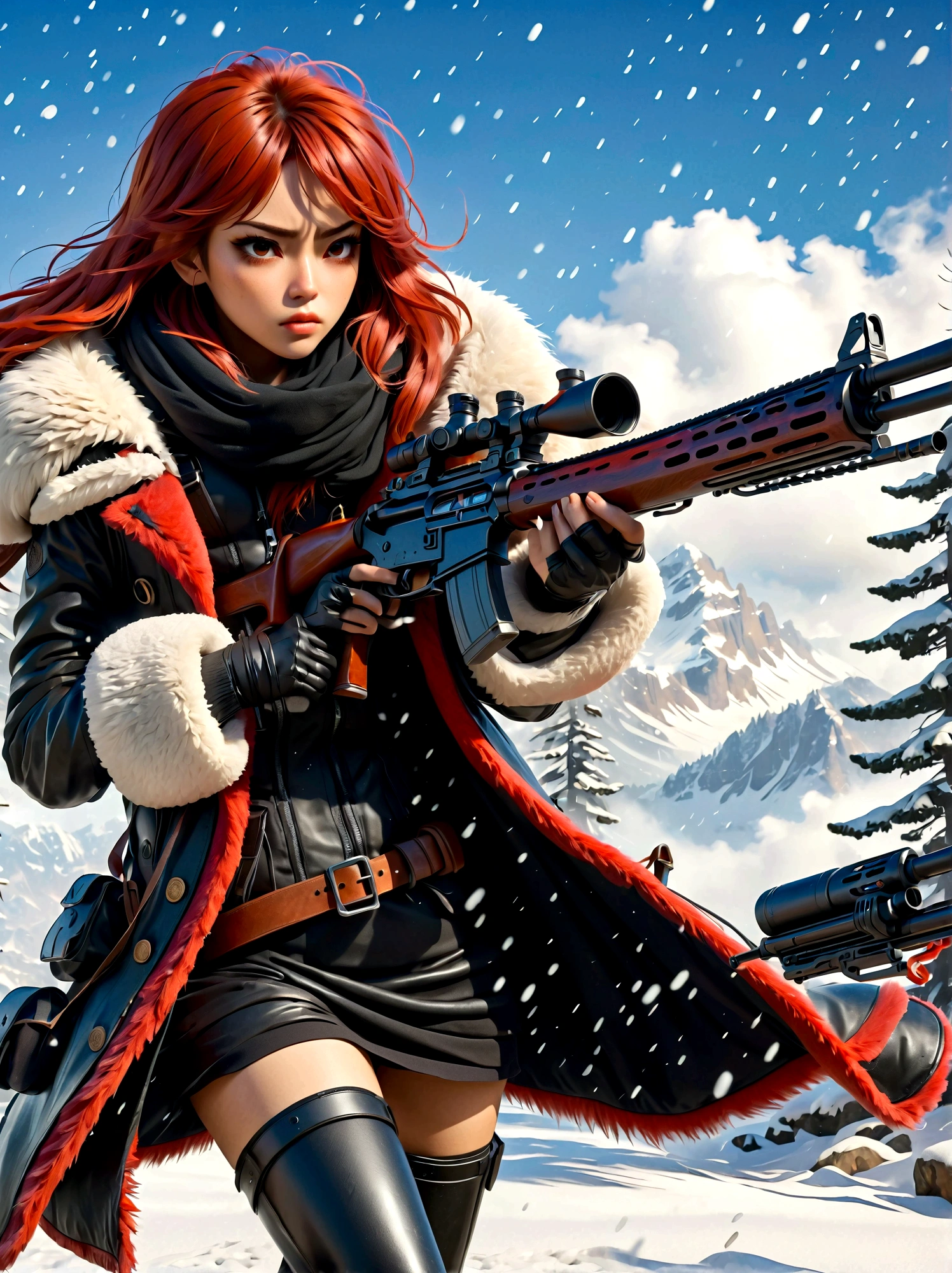 소총을 들고 있는 소녀, (역겨운 표정:1.5), 눈싸움 자세, 동쪽, 칼날과 영혼, 잉크 스타일, 긴 빨간 머리, 가죽 및 모피 코트, 추운, 삽화, 3D, 4K, 상세한, 현실적인