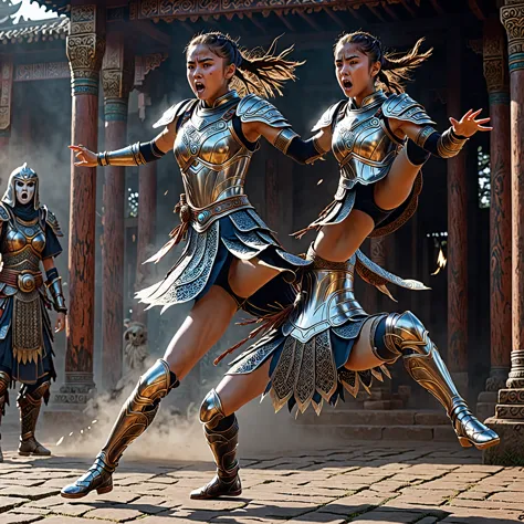 a girl in warrior-suit banishing a ghost-spirit,  intricate, iconic kicking stance, full expression, shout out, epicrealism, uhd...