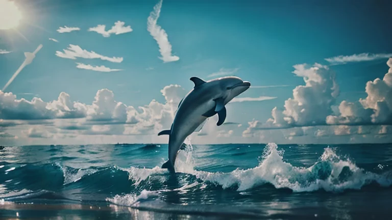 a dolphin coming out of the water, clouds, ocean, rtx, water reflections, smokeanywhere, high contrast, epic cinematic, soft studio lights, rim light, ultra realistic, soft colors, 8K