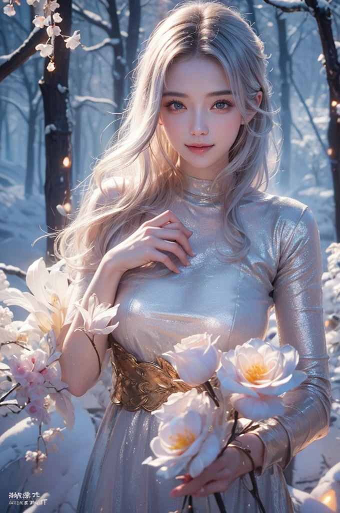 highest quality、8k Masterpiece、ultraA high resolution、(Photorealistic:1.3)、RAW Photos、1 girl、Silvery white hair、Glowing Skin、((Ultra-Realistic Details))、Portrait、Global Illumination、Shadow、Octane Rendering、8k、Super sharp、soft、warm colors、Very intricate details、Realistic Light、CGSoation Trend、Beautiful and shining eyes、Beautiful breasts、To the camera、Neon Details、Landscapes of unimaginable beauty、a beautiful woman relaxing in a snowy outdoor hot spring、female、sexy, Healthy Body、Japanese、A beauty that everyone falls in love with、smile