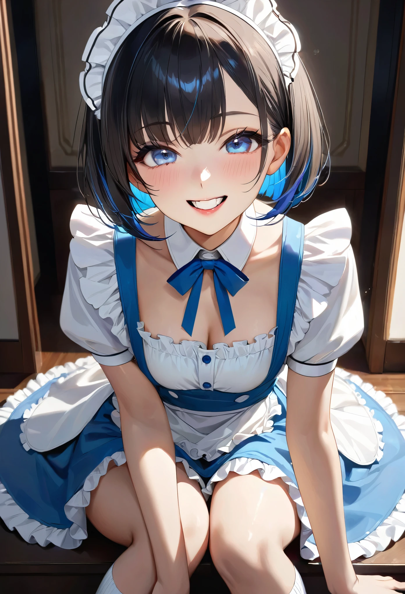 ((SFW、Masterpiece、Best Quality、Mastepiece、highest quality、highest level、Highest quality、One girl、English Maid、Ruffled Headband、Short bob cut、Frilled blouse、Ribbon tie、apron、Long Skirt、Puff sleeves、White silk ankle sock ruffles、Black Hair、Intense pale blue eyes、Eye-catching highlights、Perfect Anatomy、Dynamic Lighting、Lip gloss))、(Raw photo:1.2)、(Photorealistic:1.4)、(I hardly ever look up、Stare intently into the camera、Take a photo from a slightly higher angle with your camera)、A beautiful face with perfect symmetry、Beautiful detailed woman、Very detailedな目と顔、Beautiful detailed eyes、Great smile、Laughing very happily、Laughing a lot、Beautiful teeth、Beautiful teeth alignment、Super detailed、Very detailed、Light on the Face、((Dynamic Pose))、(Camel Toe)、(half)、(Sitting with bent knees)、Short Hair、Crossed bangs、Asymmetrical bangs、Short bob cut、Put out your ears、Eyelashes、Cute Hadow Fade、Shadow Fade:0.9、A little natural light coming in from the front、There&#39;s a little natural light coming in from both sides.、Daytime autumn nature background:1.2、The face becomes a little brighter