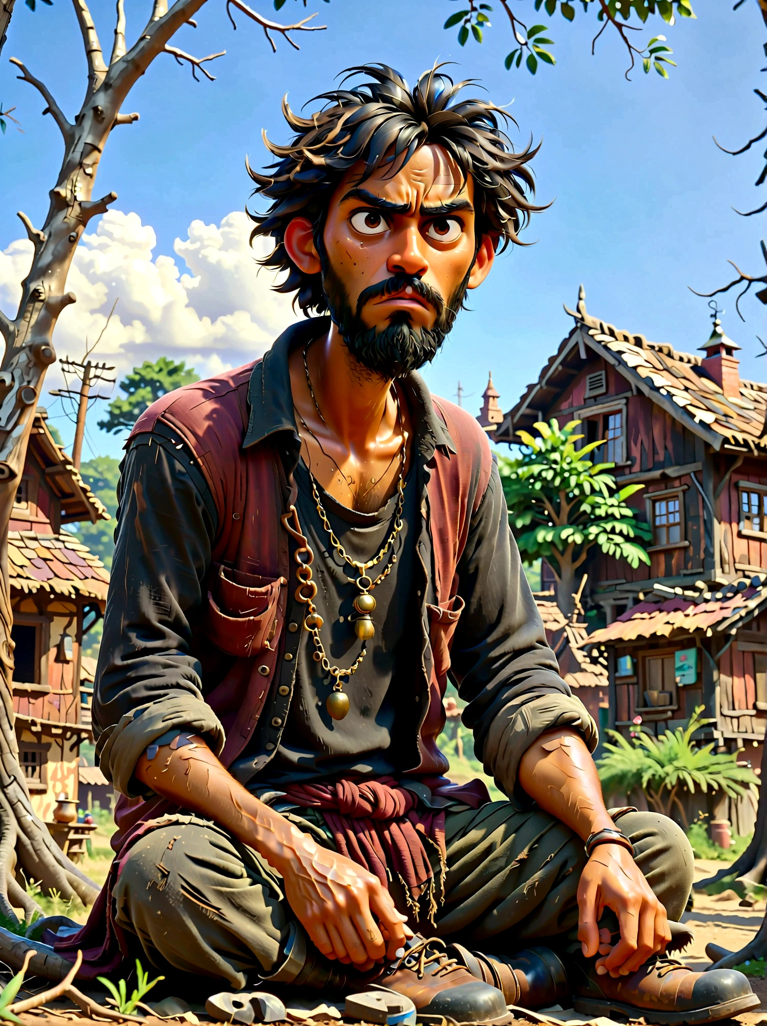 (Disney Pixar style:1.1), full-body shot, Lazy villager painting, Narayana Prabhakar, look up, (Disgusted look:1.5), Messy black hair, Scruffy black beard, Against the backdrop of the village, (Sit under a tree:1.15), Wearing a dark brown torn shirt and ragged grey pants, Dusty black work boots, On a summer afternoon