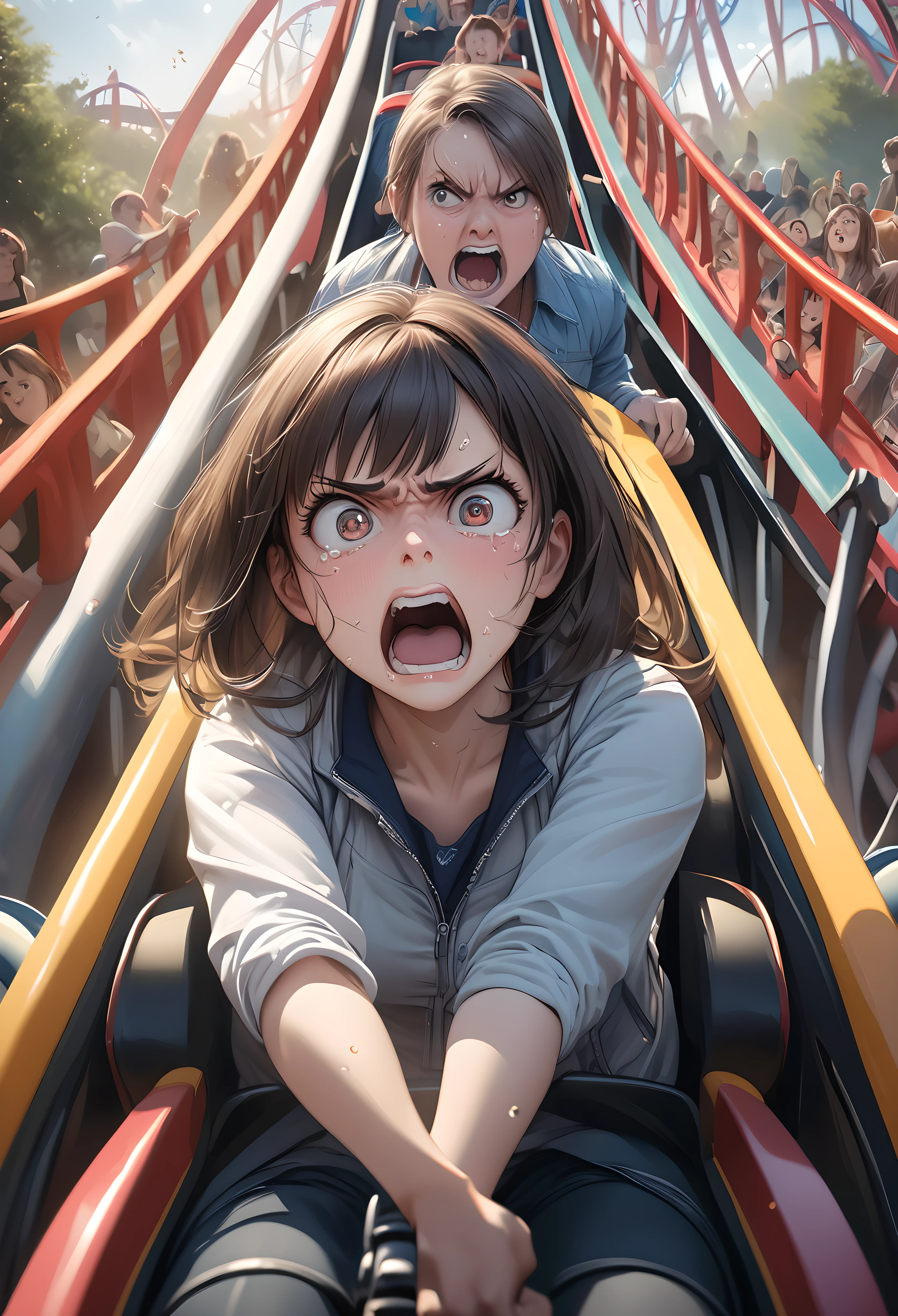 A girl riding in the front row of a roller coaster, A look of disgust, Glaring at the audience, 
Woman lying face up, A limp body, General weakness, 
Open your mouth, Tears dripping from the mouth, Expression of pleasure, Horror, suspense,  A look of disgust, 
Sweaty, BREAK Looking up, A look of disgust, 
Thrilling attractions, Tremendous heat, 
BREAK A background with a sense of speed that makes the subject stand out, amusement park, Ride an elaborate, real-life roller coaster, 
Female Domination, Scornful Eyes, A look of disgust, 
Dynamic wide full body shot, ankle in of frame, 
BREAK Ultra-realism, Detailed and realistic skin texture, Detailed and intricate texture, Detailed and intricate brushwork, Detailed and clear depiction, Anatomically correct, Absurd aesthetics, 
BREAK Dramatic Cinematic Lighting, 
Transparent Full color, Realistic,  
BREAK Re-drawing into a clear and vivid work, highest quality render, Highest quality, Highest Resolution, 