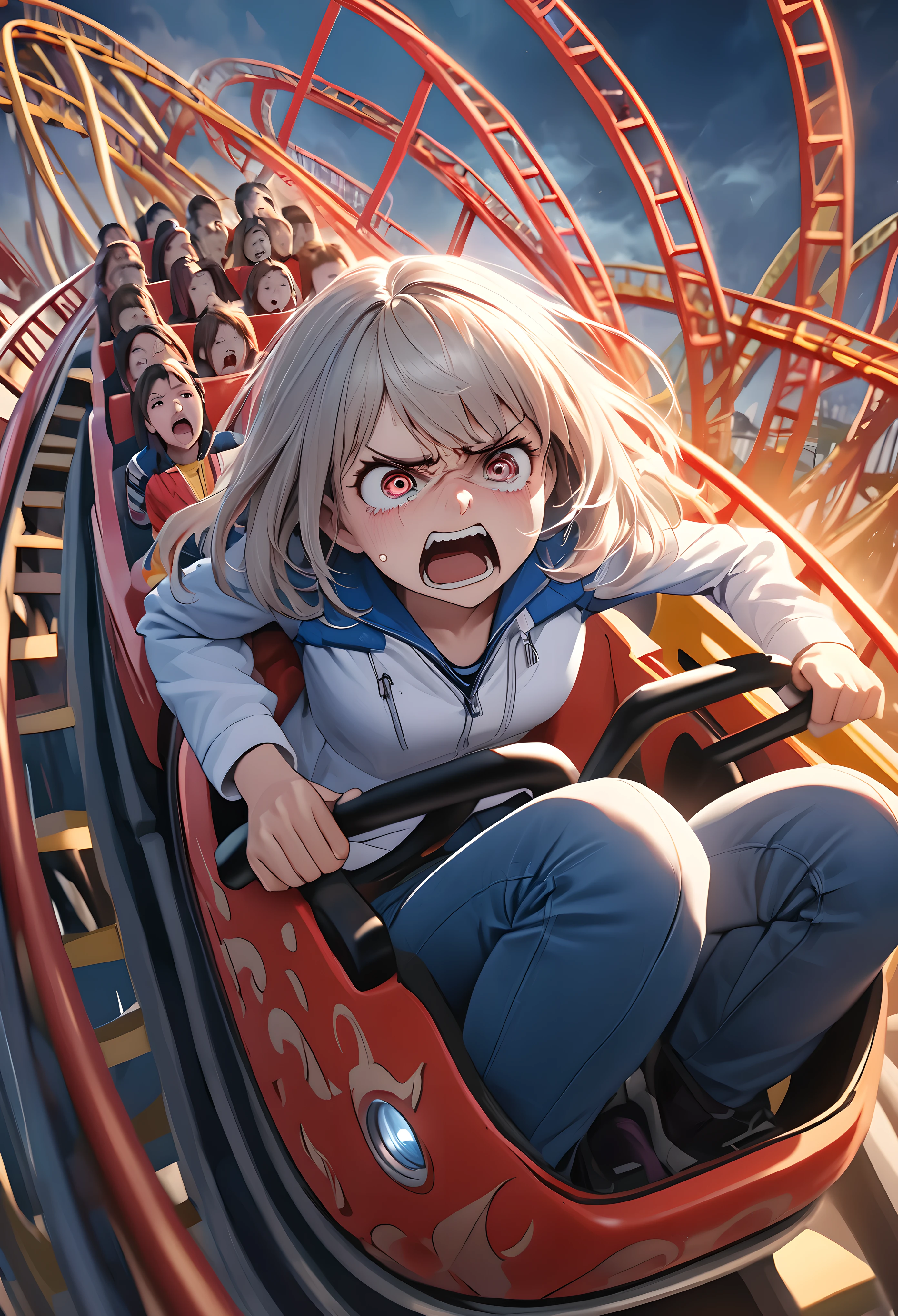 A girl riding in the front row of a roller coaster, A look of disgust, Glaring at the audience, 
Woman lying face up, A limp body, General weakness, 
Open your mouth, Tears dripping from the mouth, Expression of pleasure, Horror, suspense,  A look of disgust, 
Sweaty, BREAK Looking up, A look of disgust, 
Thrilling attractions, Tremendous heat, 
BREAK A background with a sense of speed that makes the subject stand out, amusement park, Riding a roller coaster, 
Female Domination, Scornful Eyes, A look of disgust, 
Dynamic wide full body shot, ankle in of frame, 
BREAK Ultra-realism, Detailed and realistic skin texture, Detailed and intricate texture, Detailed and intricate brushwork, Detailed and clear depiction, Anatomically correct, Absurd aesthetics, 
BREAK Dramatic Cinematic Lighting, 
Transparent Full color, Realistic, An elaborate roller coaster, 
BREAK Re-drawing into a clear and vivid work, highest quality render, Highest quality, Highest Resolution, 