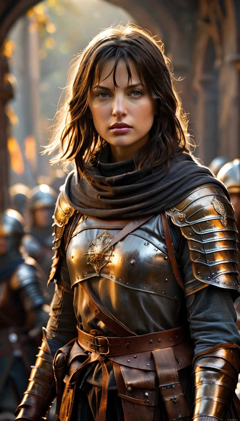 As the sun began to set, The warm golden color of the sun shone on his clothes, Joan of arc with dark brown hair in armor leading soldiers into battle, background dark, hyper realistic, ultra detailed hyper realistic, photorealistic, Studio Lighting, reflections, dynamic pose, Cinematic, Color Grading, Photography, Shot on 50mm lens, Ultra-Wide Angle, Depth of Field, hyper-detailed, beautifully color, 8k, golden light from the front,