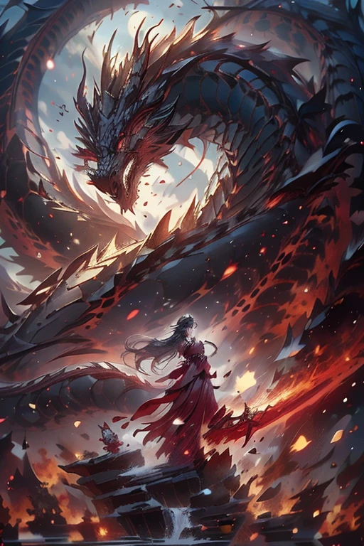 1 menina e 1 dragão,dragão vermelho grande,ela usa yukata,ela segurando uma espada, Espada japonesa,Estilo japonês,cabelos pretos e longos