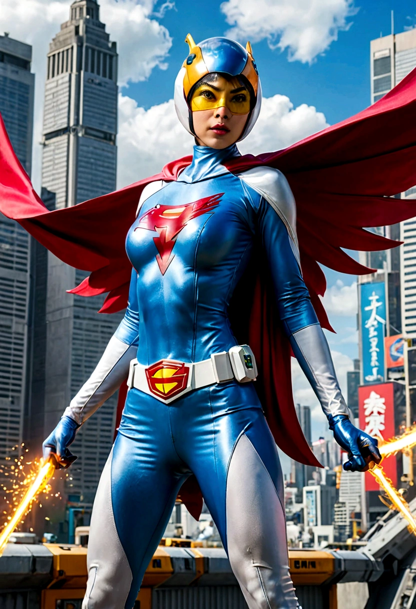 Gatchaman, (Masked superheroes), Iconic heroes, The Guardians of Earth, Science Ninja Team, (Stunning superheroes), (Vibrant colors), Space-themed costumes, Sleek gauntlets and helmets, Silver and blue agile figures, (Incredible detail), (Capital city backdrop), Defending humanity with courage, Spectacular pose, Iconic "KEN", "Joe", "Jun", "Kenichi", and "Jinpei", Patrolling the skies, Ready to battle the evil Galactor, Stunning visual treat, (Colorful animation), Formations of spark, breasts, giga_busty, Hi3JTS, full body shot from front