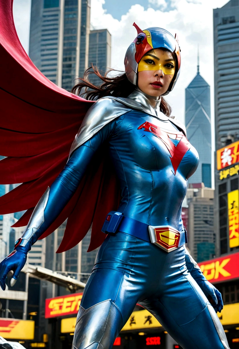 Gatchaman, (Masked superheroes), Iconic heroes, The Guardians of Earth, Science Ninja Team, (Stunning superheroes), (Vibrant colors), Space-themed costumes, Sleek gauntlets and helmets, Silver and blue agile figures, (Incredible detail), (Capital city backdrop), Defending humanity with courage, Spectacular pose, Iconic "KEN", "Joe", "Jun", "Kenichi", and "Jinpei", Patrolling the skies, Ready to battle the evil Galactor, Stunning visual treat, (Colorful animation), Formations of spark, breasts, giga_busty, Hi3JTS, full body shot from front