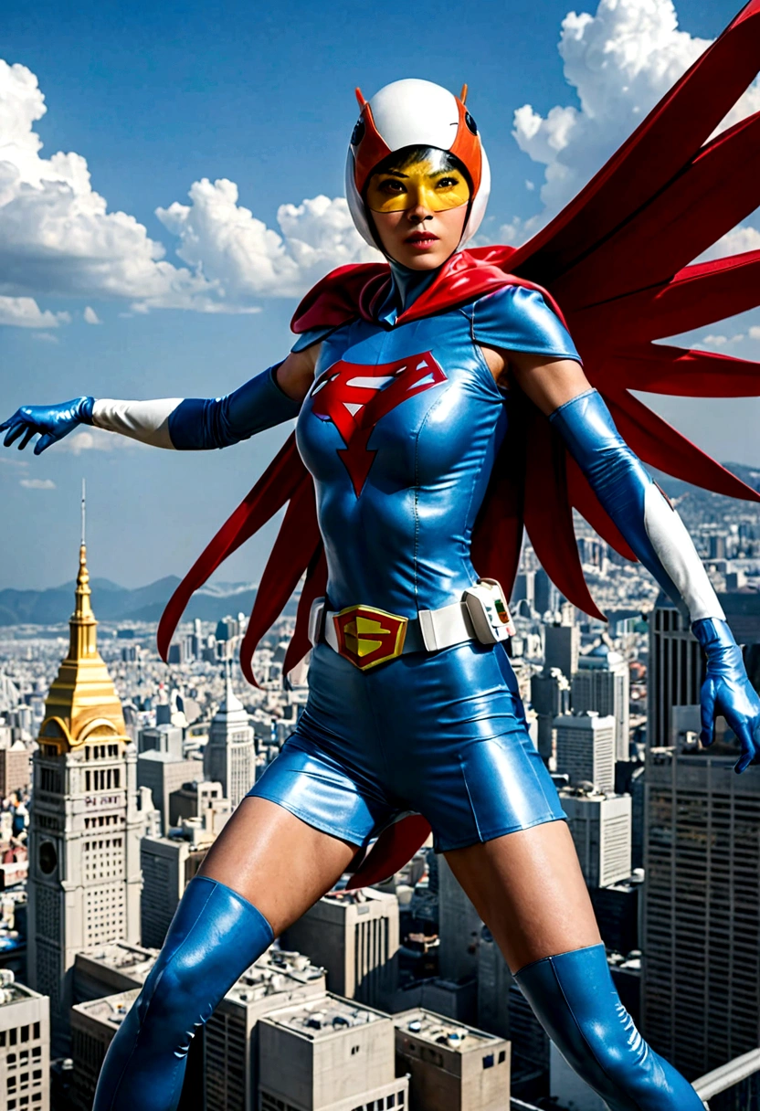 Gatchaman, (Masked superheroes), Iconic heroes, The Guardians of Earth, Science Ninja Team, (Stunning superheroes), (Vibrant colors), Space-themed costumes, Sleek gauntlets and helmets, Silver and blue agile figures, (Incredible detail), (Capital city backdrop), Defending humanity with courage, Spectacular pose, Iconic "KEN", "Joe", "Jun", "Kenichi", and "Jinpei", Patrolling the skies, Ready to battle the evil Galactor, Stunning visual treat, (Colorful animation), Formations of spark, breasts, giga_busty, Hi3JTS, full body shot from side