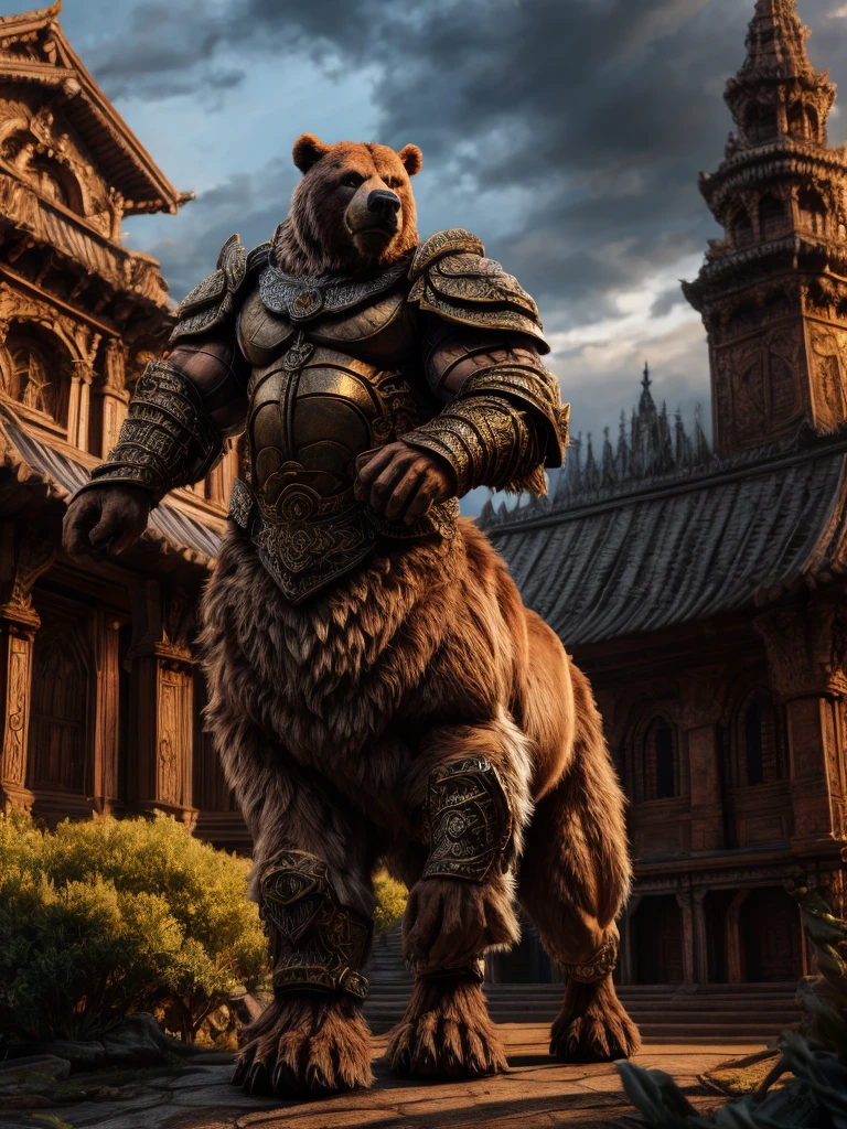 armored fur taur, armored fur, bear taur, quadruped, digitigrade, highly detailed, realistic, cinematic lighting, fantasy, (best quality,4k,8k,highres,masterpiece:1.2),ultra-detailed,(realistic,photorealistic,photo-realistic:1.37),intricate details, cinematic composition, dramatic atmosphere, volumetric lighting, detailed texture, muted tones, warm colors