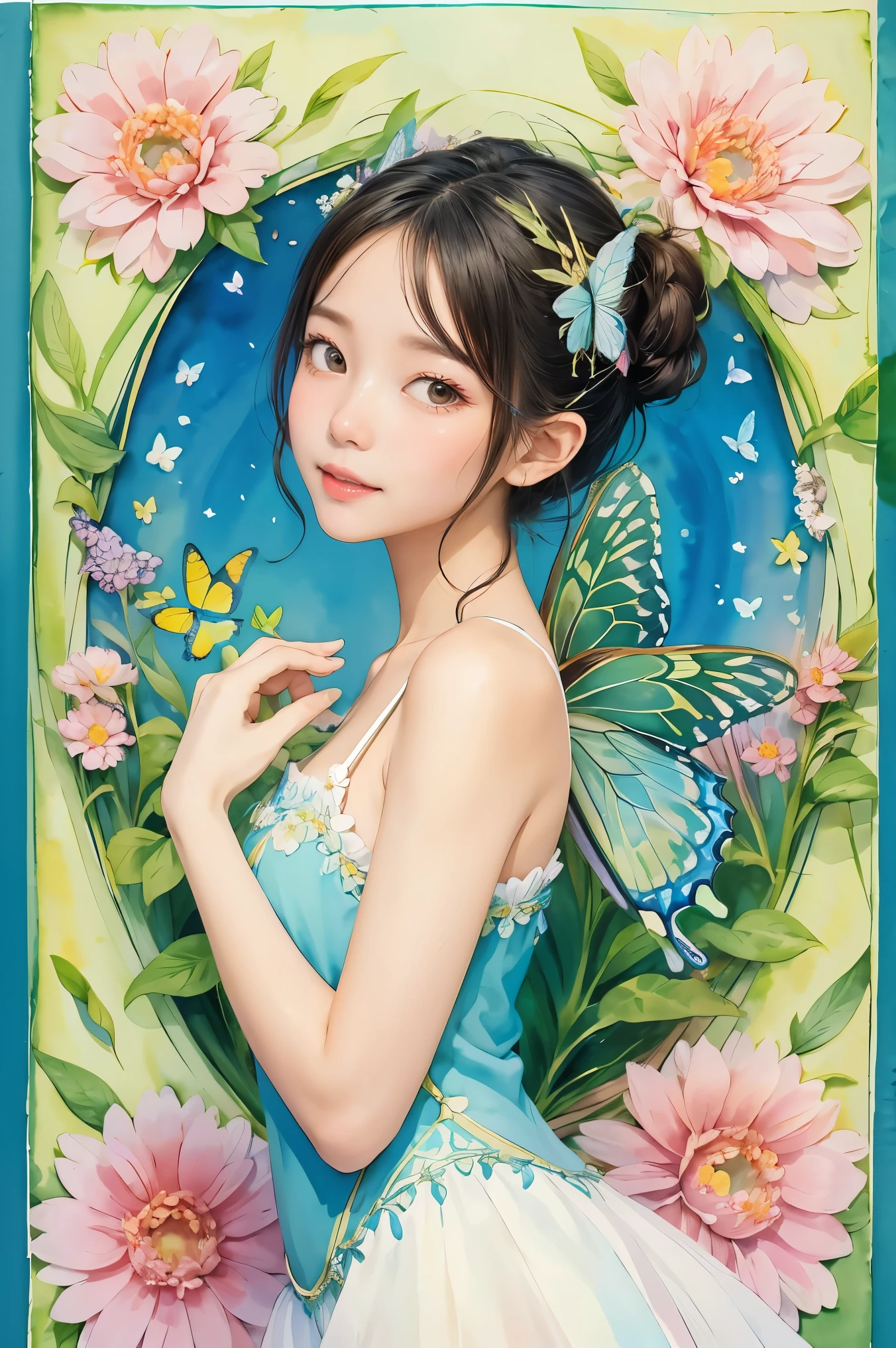 A beautiful girl in a fairy costume, surrounded by flowers and butterflies. Content: watercolor painting. Style: whimsical and delicate, like a children’s book illustration.