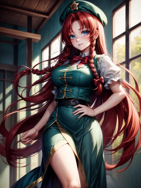 source_anime、One girl、solo、Hong Meiling、Bright redhead、blue eyes、Long Hair、Braid、Messy Hair、beret、makeup、（Red eyeshadow、Black ey...