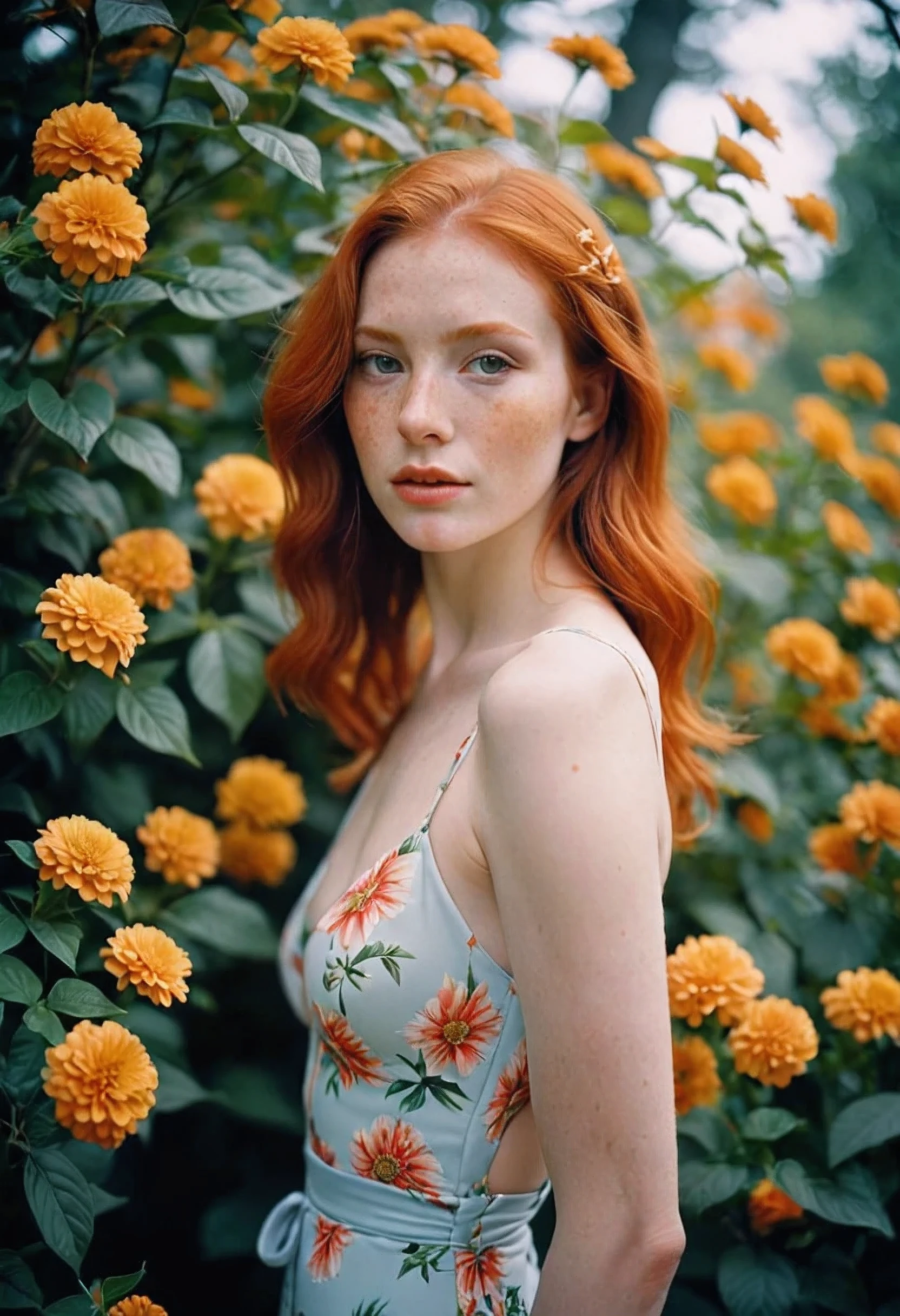 natural light, analog film photo, Kodachrome , Magmix, Full Body , Stunning floral redhead, photo, 8K
