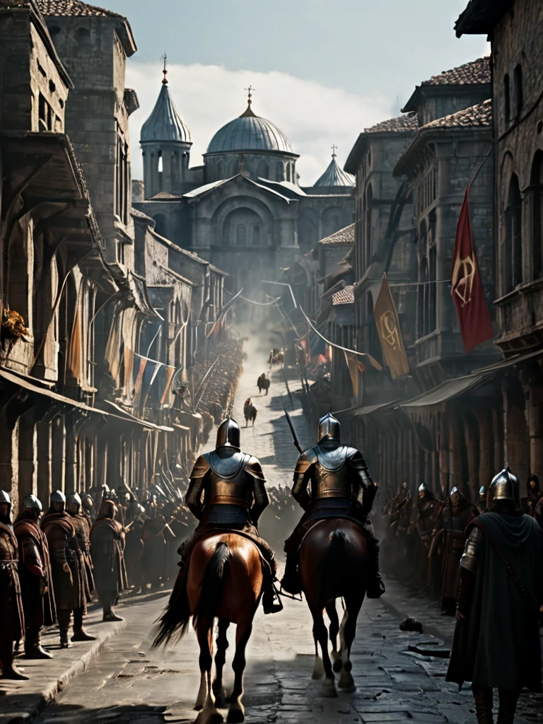 there are many people riding horses down the street, the fall of constantinople, stunning vfx, scene from live action movie, still from a live action movie, epic cinematic still, epic cinematic shot, by Artur Tarnowski, medieval, crusader kings 3, a medieval, cinematic epic shot, very epic atmosphere, leading spartans into battle, shot from game of thrones