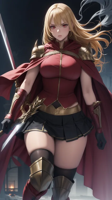1girl, solo, skirt, blonde hair, red eyes, thighhighs, weapon, boots, sword, armor, capelet, gauntlets, smoke