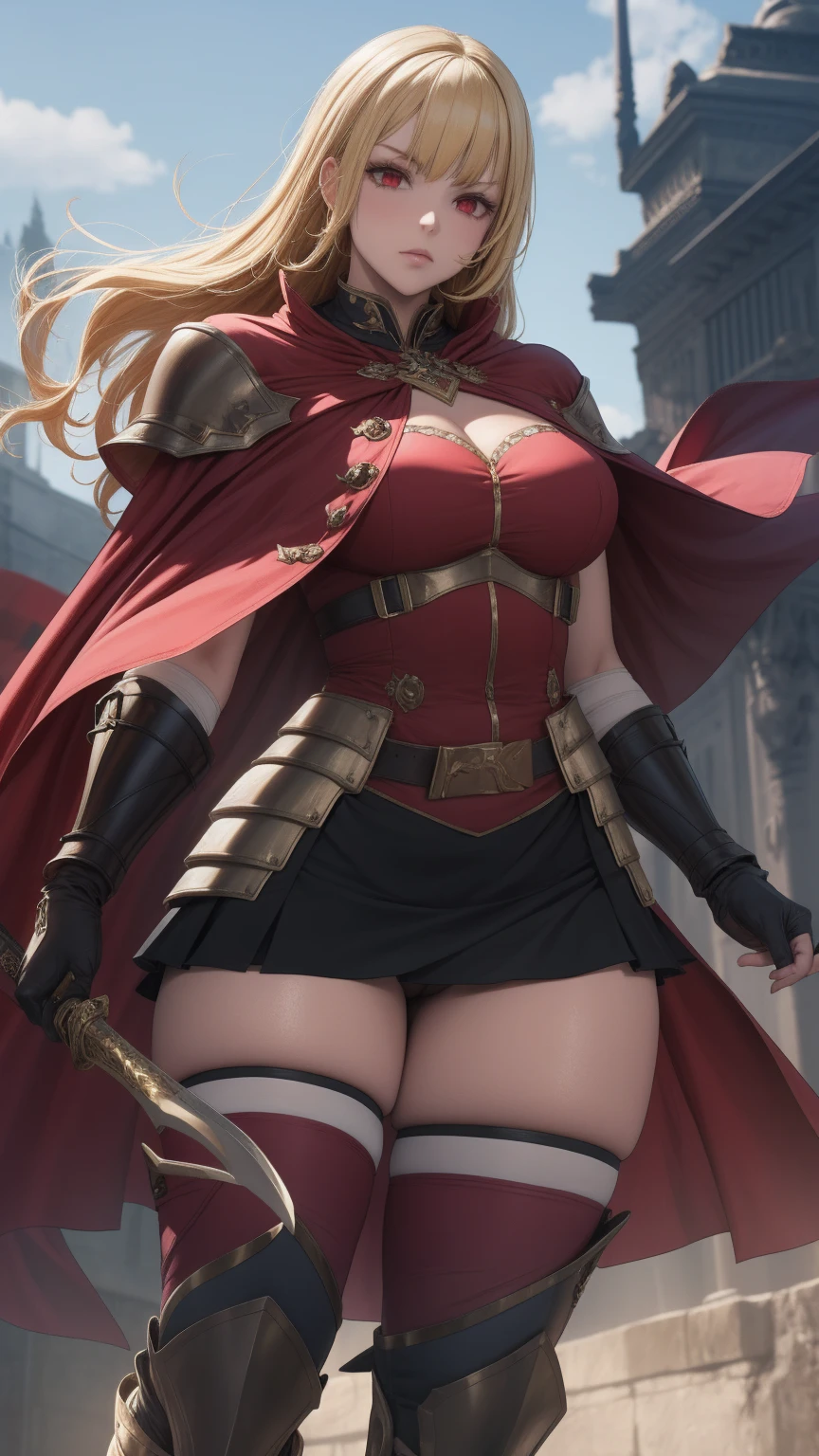 1girl, solo, skirt, blonde hair, red eyes, thighhighs, weapon, boots, sword, armor, capelet, gauntlets, smoke