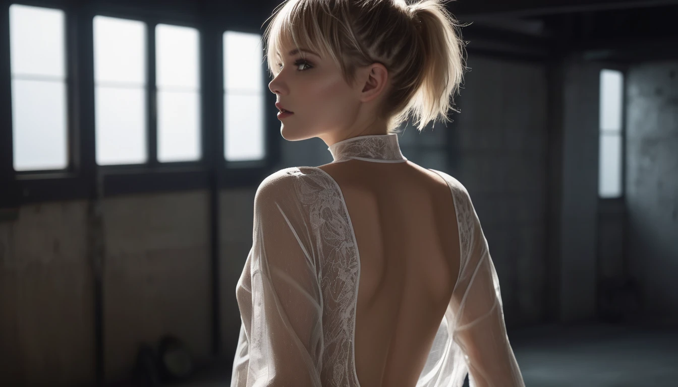 Top Quality, Masterpiece, High Resolution, 8k, 
(((skinny Norwegian girl in oversized see-through shirt with bare back and hot pants, wide neckline, small perky breasts, beautiful detailed eyes, no lipstick, extremely detailed face, pixie asymmetrical hair cut, small hips, 
in the sex dungeon, dim light from behind, behind back)))