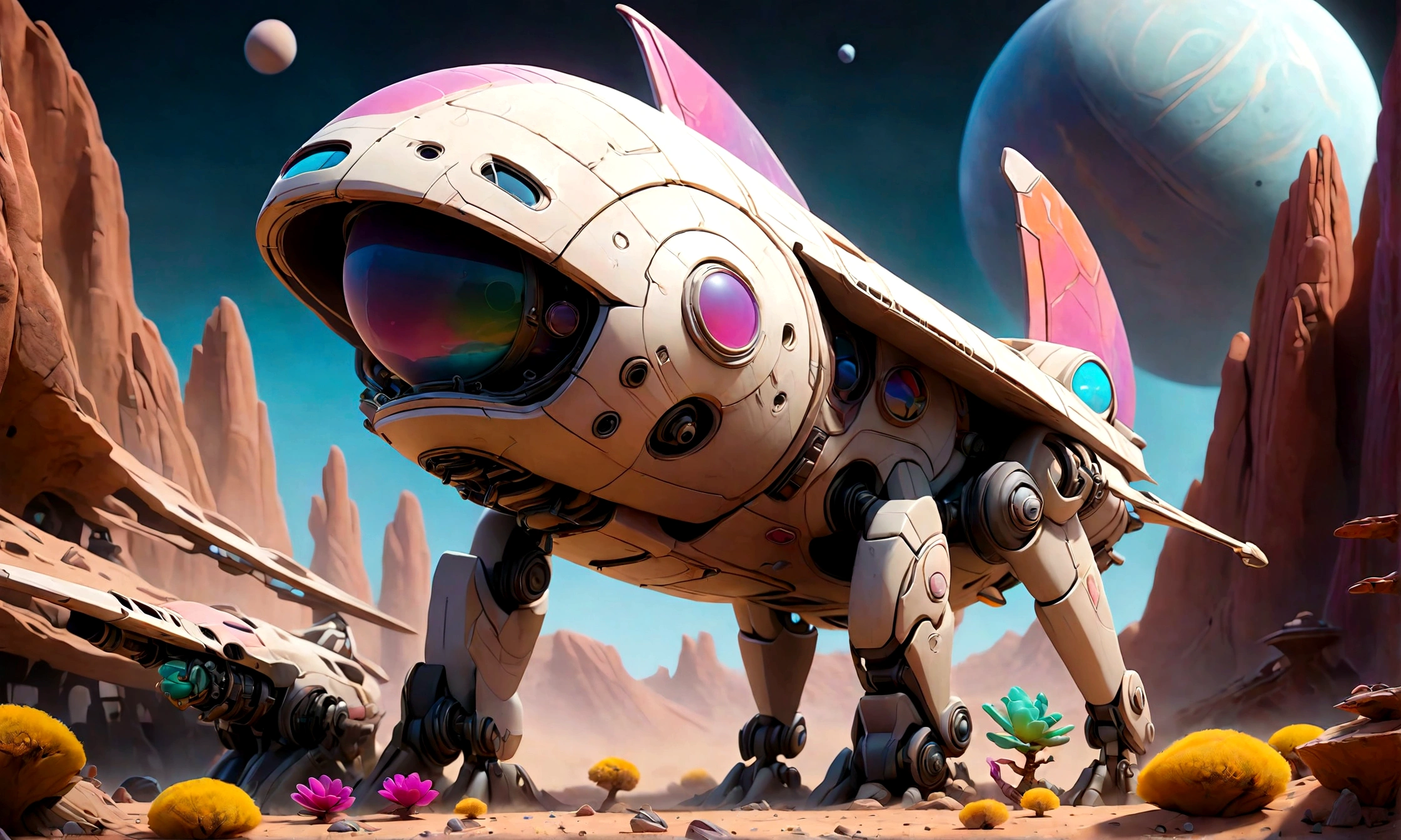 A damaged spaceship landed on an alien planet with exotic and colorful landscapes.