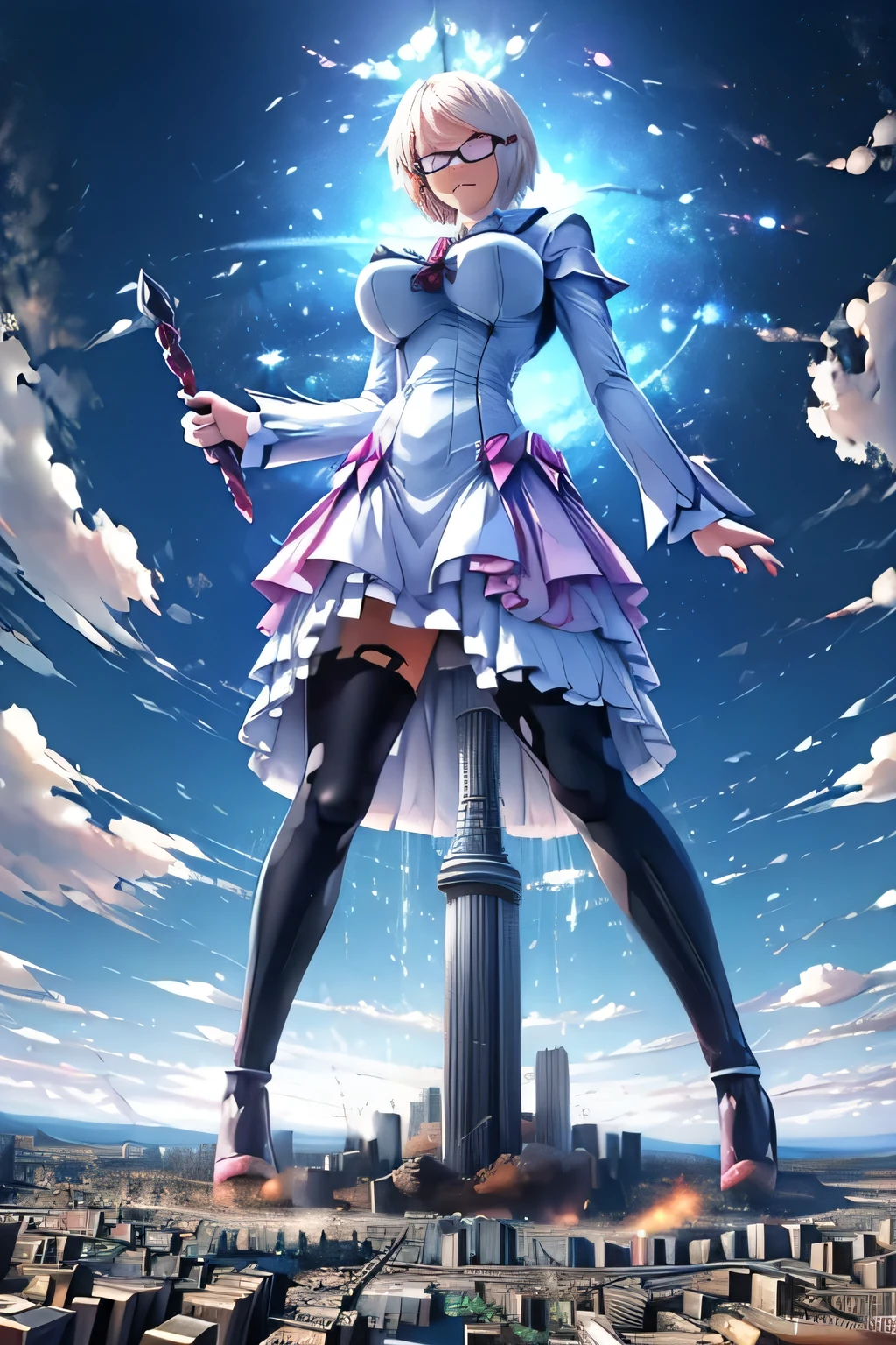 giantess art, highly detailed giantess shots, giantess, Two legs, Five fingers, short hair, A beautiful girl who is bigger than a skyscraper, Wearing rimless glasses, smile, huge breasts, blue as the base with some white magical girl dress, bow, magical girl, holding a magical wand, black pantyhose, blue stiletto heels, thunderbolt from a magical wand, Destroying cities, Under heavy attack, A very small big city, Miniature metropolis, Full body description, GTS, giga giantess, stomping city, crash city, tiny city, micro city, pantyhose feet, High resolution, highest quality, masterpiece, peeing self, 