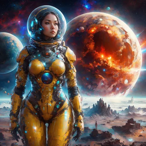 a woman in a space suit standing in front of a planet, portrait armored astronaut girl, cyborg goddess in cosmos, beautiful woma...