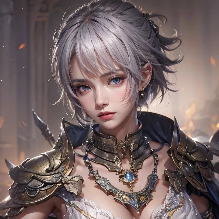 Woman in ancient battle clothes、Serious expression、Short-haired、Deadly position, Gorgeous Necklace, Scale skin:1.5, Enchanting anime girl, Beautiful and seductive woman, Realistic and perfect body, , Perfect body with realistic shadows, Reptile Eyes：1.5
