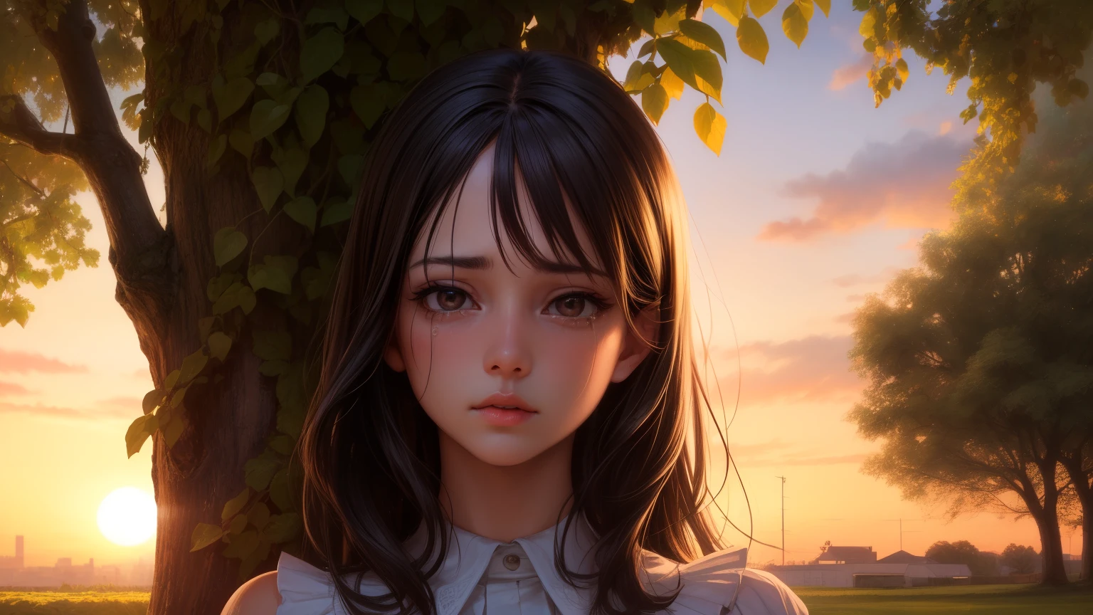(1 girl), brown eyes, (highly detailed eyes, highly detailed face), (Too realistic, hight resolution), (best quality:1.4), (high , pleated mini skirt:1.2), model, charming, sublime, outside the building, in the garden, Under a big tree, sunset, alone, Tears in her eyes, beard, cry