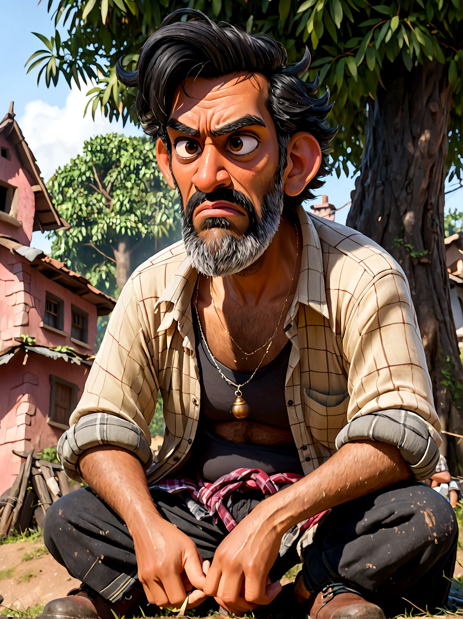 (Disney Pixar style:1.1), full-body shot, Lazy villager painting, Narayana Prabhakar, look up, (Disgusted look:1.9), Messy black hair, Scruffy black beard, Against the backdrop of the village, (Sit under a tree:1.15), Wearing a dark brown torn shirt and ragged grey pants, Dusty black work boots, On a summer afternoon