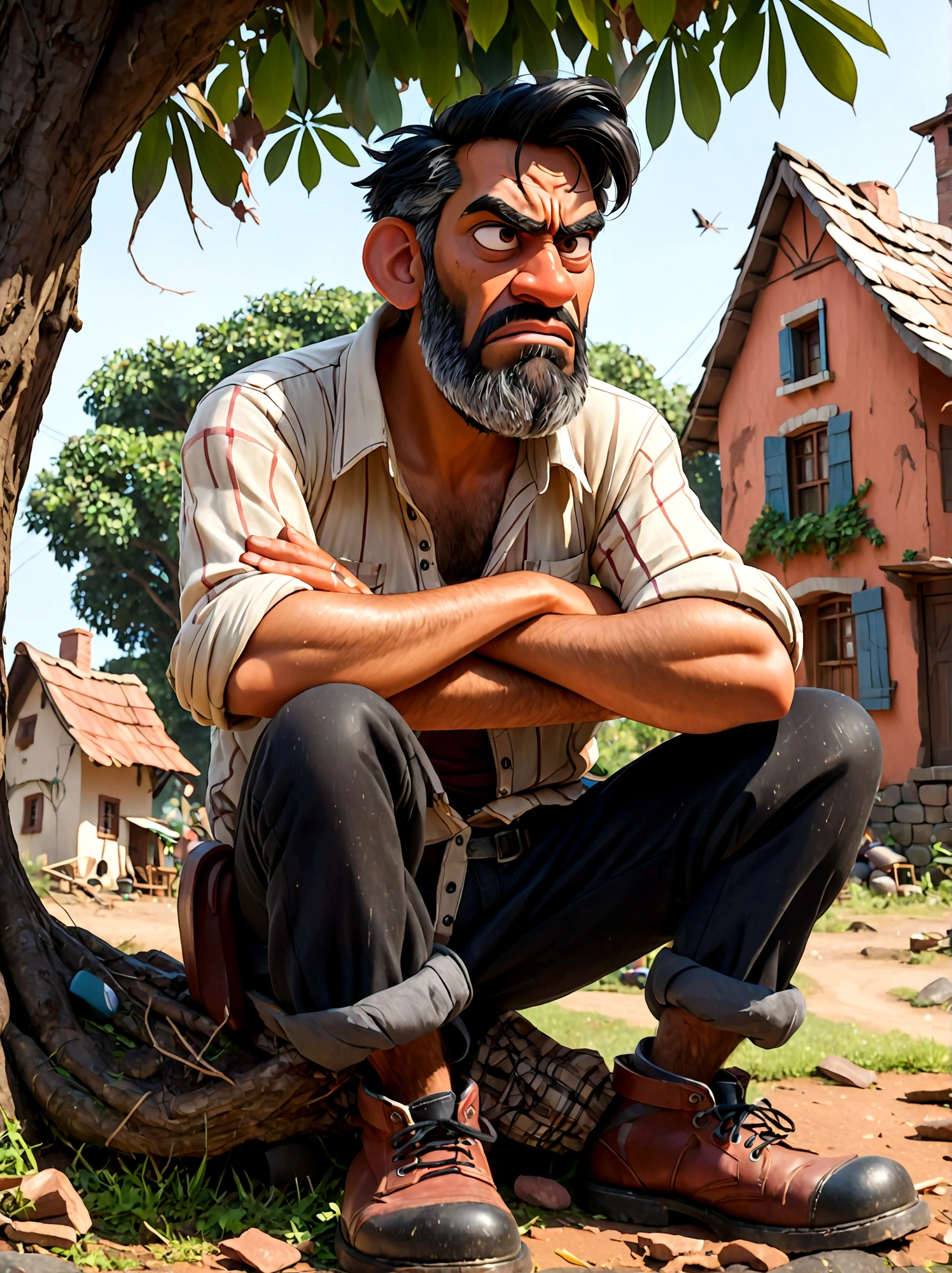 (Disney Pixar style:1.1), full-body shot, Lazy villager painting, Narayana Prabhakar, look up, (Disgusted look:1.9), Messy black hair, Scruffy black beard, Against the backdrop of the village, (Sit under a tree:1.15), Wearing a dark brown torn shirt and ragged grey pants, Dusty black work boots, On a summer afternoon