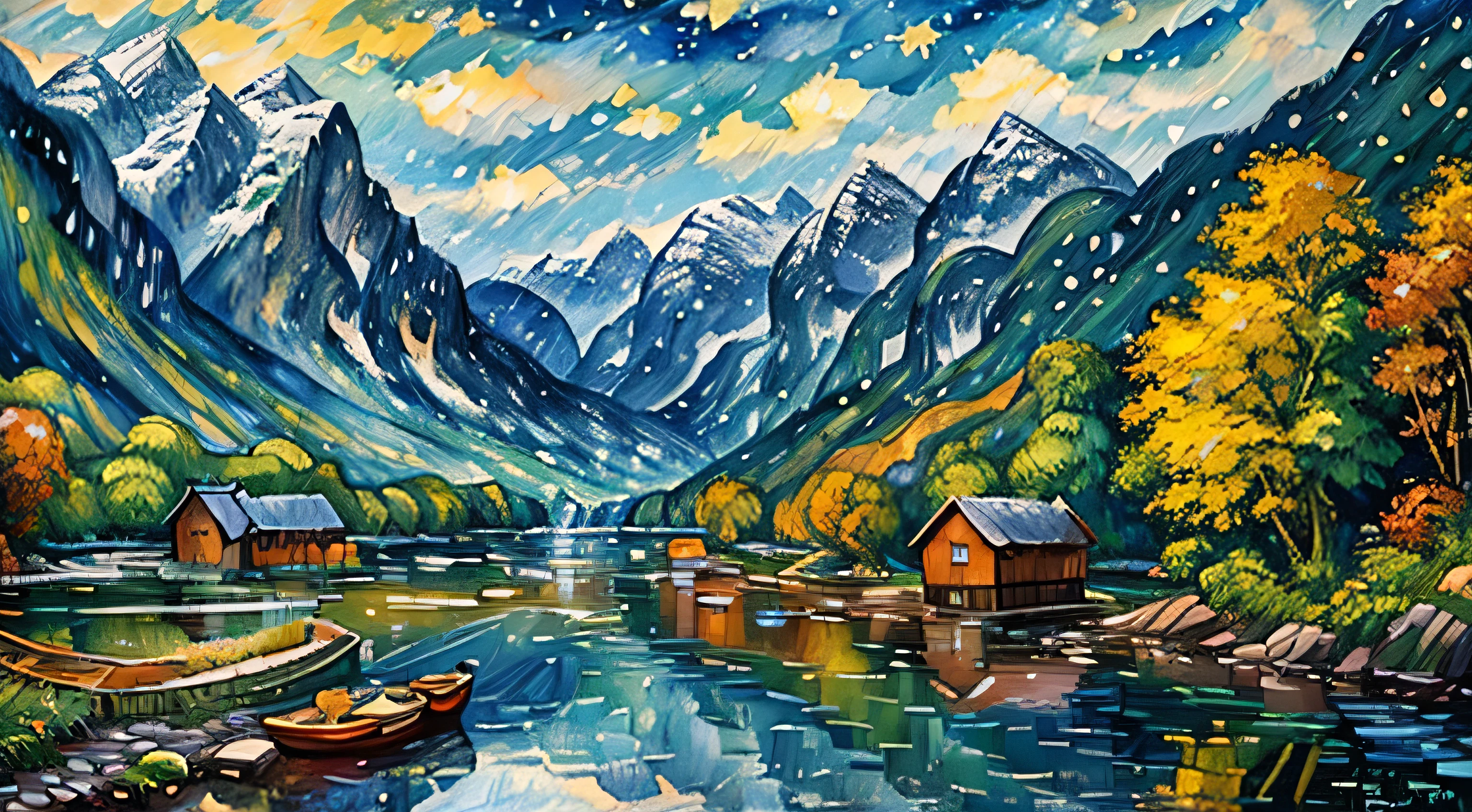 painting of fishing boat in river with a waterfall, Mountains background, 4 k watercolor painting, beautiful painting, 4 k, cottage in the forest, beautiful watercolor painting on paper, beautiful digital painting, smooth oil painting, beautiful art uhd 4 k, 8 k hd detailed oil painting, oil digital painting, Colorful Landscape Art On Canvas By Vincent van Gogh.