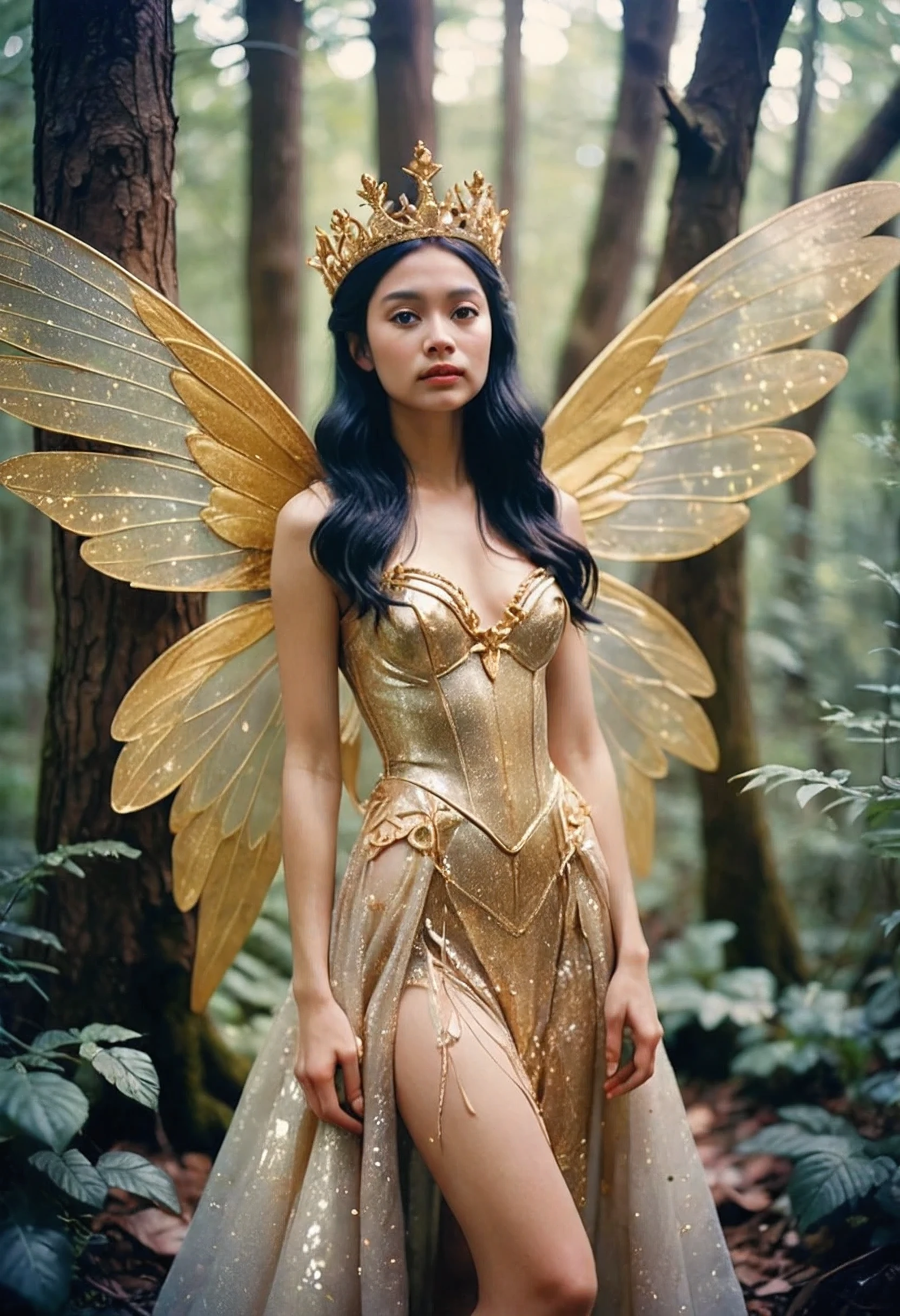 natural light, analog film photo, Kodachrome , Magmix, EbonyCreations - The Full Body of Queen of Fairylandia! (Fairytale, Wonderlands, Wings, Dreamy, Heavenly, Cloudy, Luminous Atmosphere) (32k, Clarity and Beauty)) ((Silverish-Gold Dusted Glittery Atmosphere)
