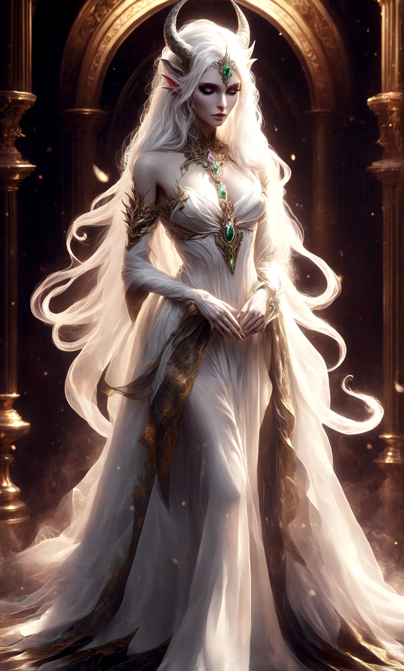 a woman in a white dress with horns and a veil, beautiful and elegant elf queen, epic exquisite character art, lolth, cushart krenz key art feminine, stunning character art, ((a beautiful fantasy empress)), goddess. extremely high detail, masterpiece goddess of sorrow, portrait of an elf queen, white haired deity, a beautiful fantasy empress