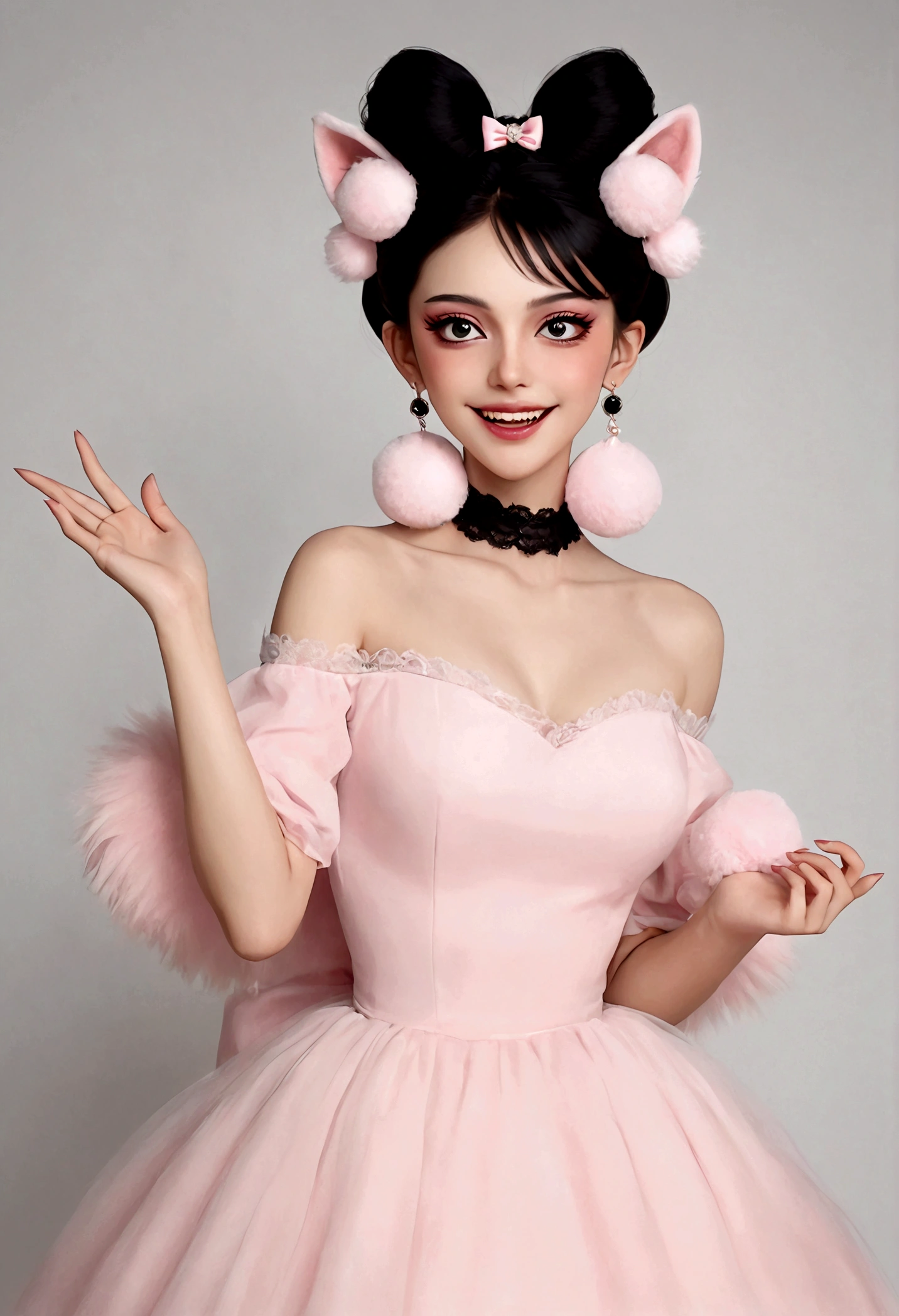 beautiful woman,detailed eyes,gorgeous makeup,pink eyeshadow,wide open smile,sharp fangs,large fluffy tail,voluminous black high bun,wispy bangs,pink fluffy pom pom earrings,high collar pink maid dress,bare shoulders,midriff exposed,multilayered lace frills,hand gestures,magic spell,(best quality,4k,8k,highres,masterpiece:1.2),ultra-detailed,(realistic,photorealistic,photo-realistic:1.37),vibrant colors,dramatic lighting，Fluffy fox tail