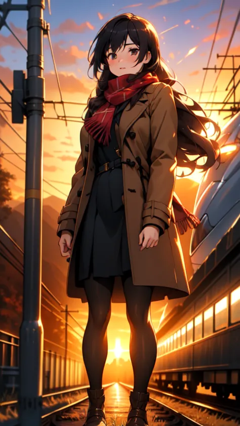 style by snitt,impasto, 1girl, outdoors, solo, sunset, scarf, bag, scenery, railroad tracks, coat, sky, skirt, standing, long ha...