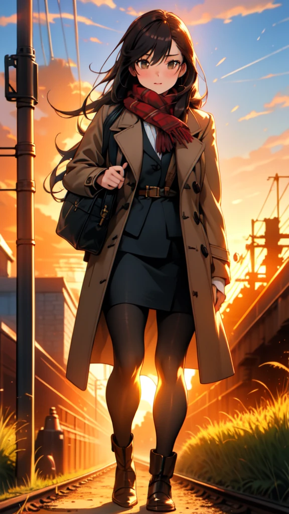 style by snitt,impasto, 1girl, outdoors, solo, sunset, scarf, bag, scenery, railroad tracks, coat, sky, skirt, standing, long hair, grass, power lines, ground vehicle, evening, mountain, pantyhose, black hair, road, brown hair, black footwear, holding, train station, long sleeves 