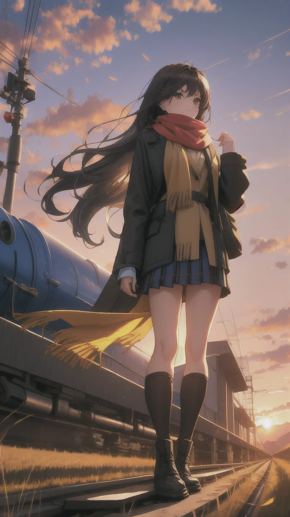 style by snitt,impasto, 1girl, outdoors, solo, sunset, scarf, bag, scenery, railroad tracks, coat, sky, skirt, standing, long hair, grass, power lines, ground vehicle, evening, mountain, pantyhose, black hair, road, brown hair, black footwear, holding, train station, long sleeves 