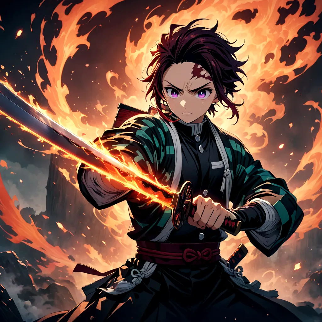 (1 male,Tanjiro Kamado),Demon slayer,Tanjiro Costume,tanjiro has a sword,Water and fire effects,Intricate details,,Decadent,artw...