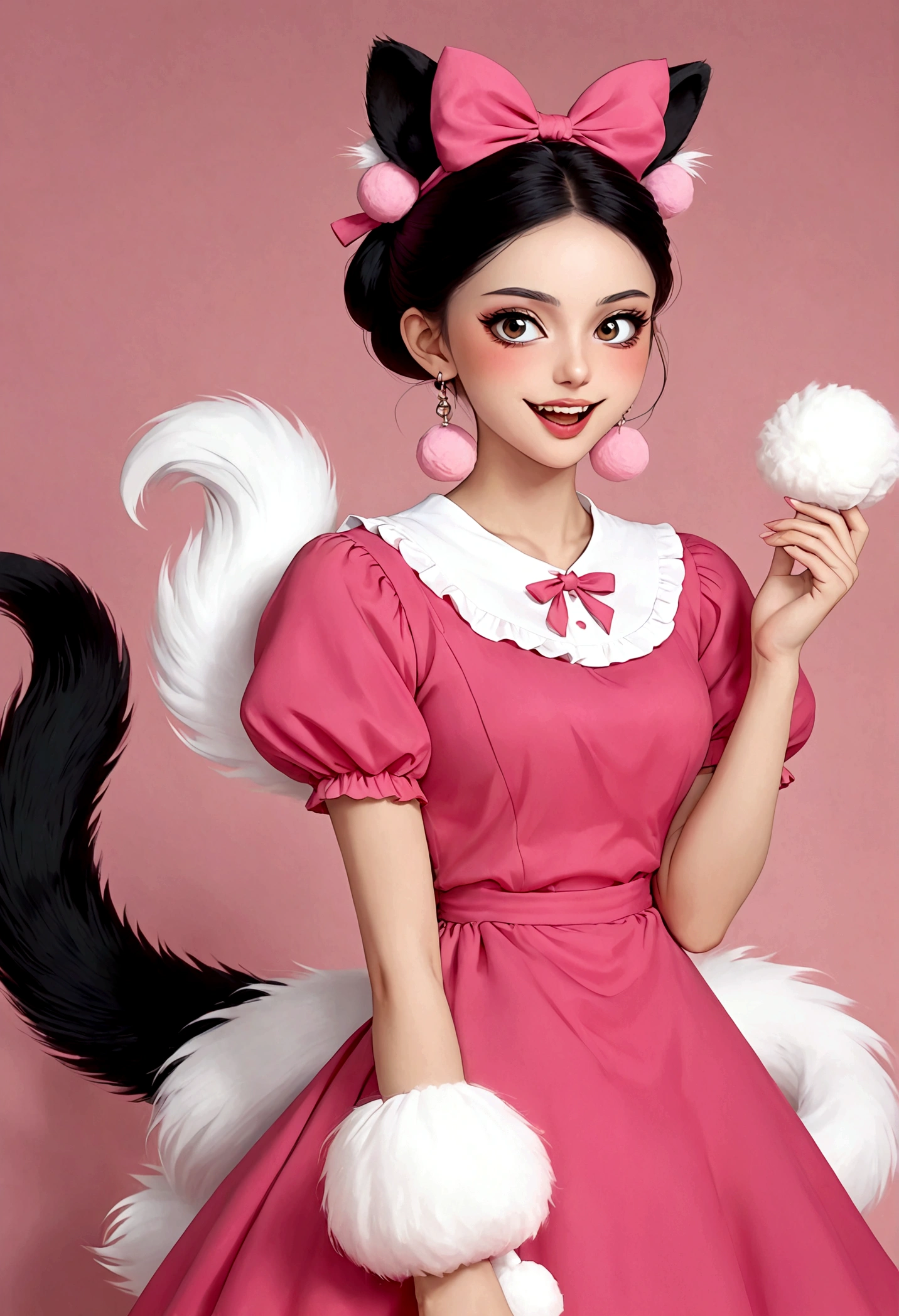 Beautiful face，beautiful eyes，Pink Eyeshadow，laughing out loud，Fangs，(((Big fluffy tail)))，Black high bun，Forehead hair，Pink pompom earrings，Pink maid outfit，Reach out，Spells，