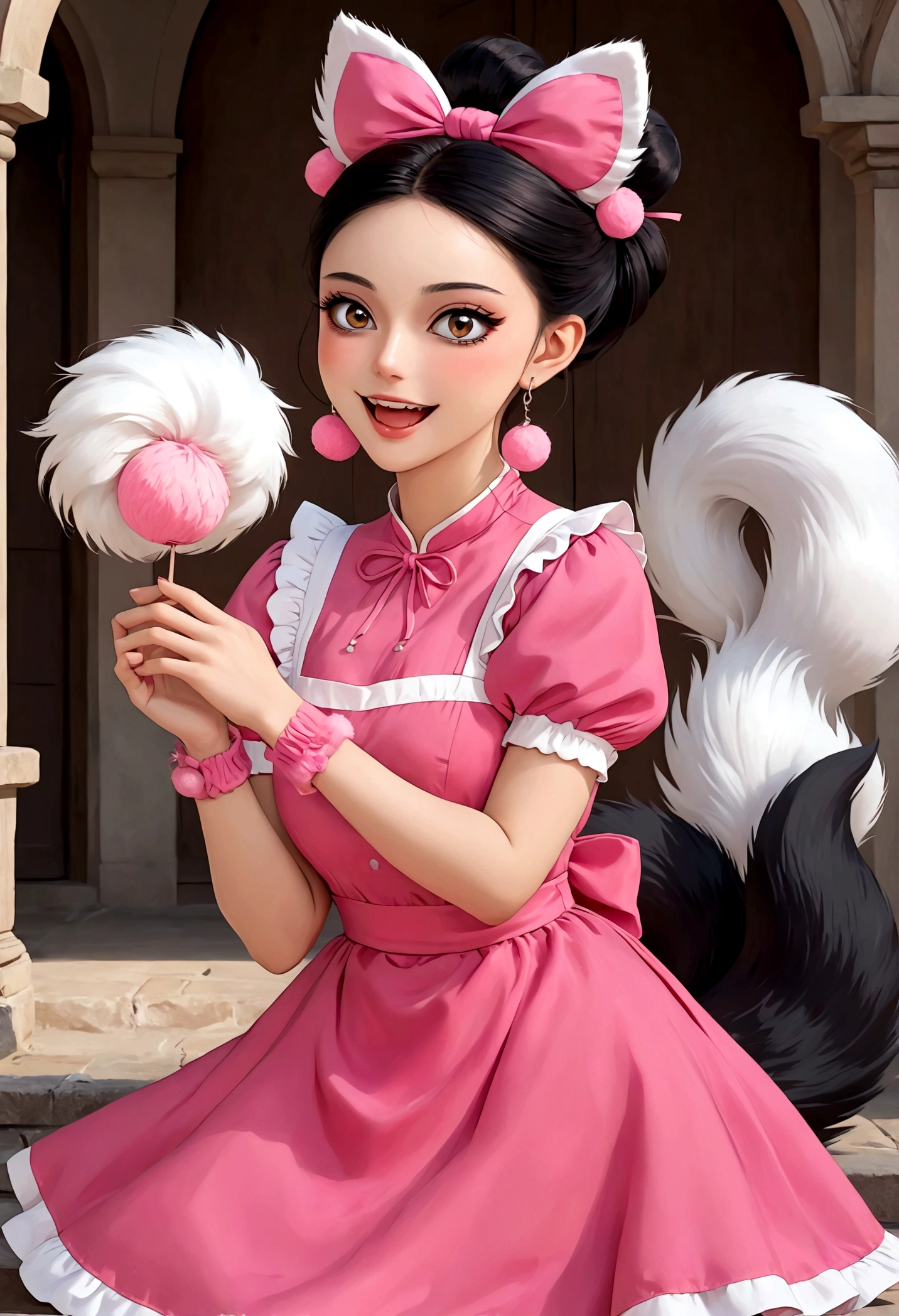 Beautiful face，beautiful eyes，Pink Eyeshadow，laughing out loud，Fangs，(((Big fluffy tail)))，Black high bun，Forehead hair，Pink pompom earrings，Pink maid outfit，Reach out，Spells，