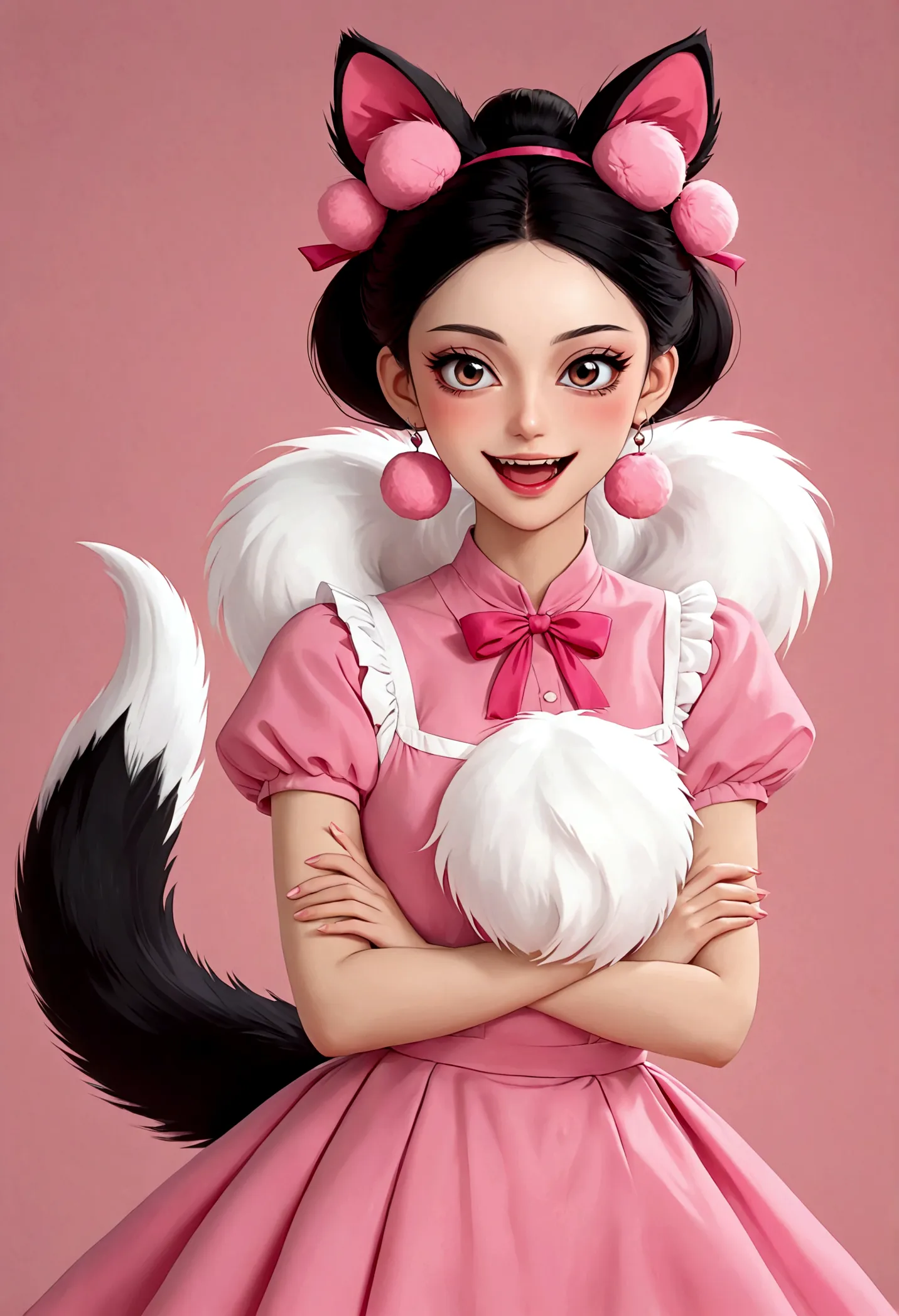 beautiful face，beautiful eyes，pink eyeshadow，laughing out loud，fangs，(((big fluffy tail)))，black high bun，forehead hair，pink pom...